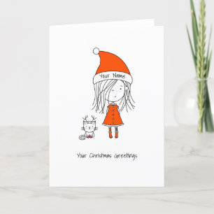 Add Your Text Cute Girl Cat Drawing Funny Girly Holiday Card