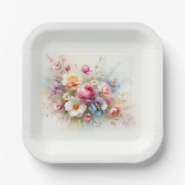 Add Your Text Elegant Template Watercolor Flowers Paper Plate (Front)