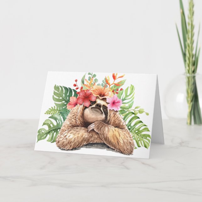 Add Your Text Inside | Tropical Flower Sloth Card (Front)
