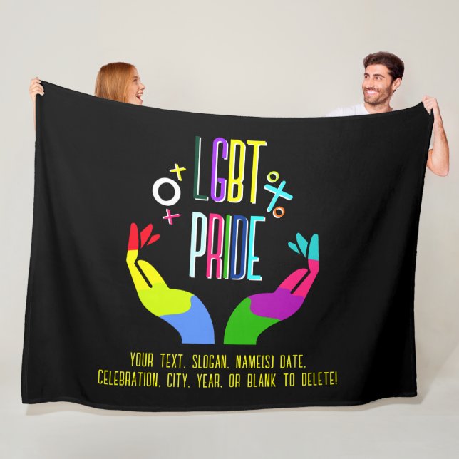 Add Your Text, LGBT Pride Rainbow Love Hands Black Fleece Blanket (In Situ)