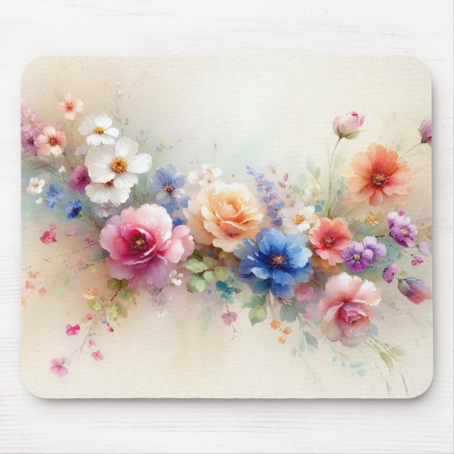 Add Your Text Name Elegant Watercolor Flowers Mouse Mat (Front)