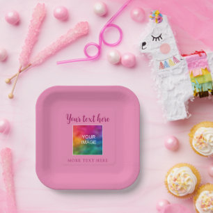 Add Your Text Name Photo Image Here Pink Square Paper Plate