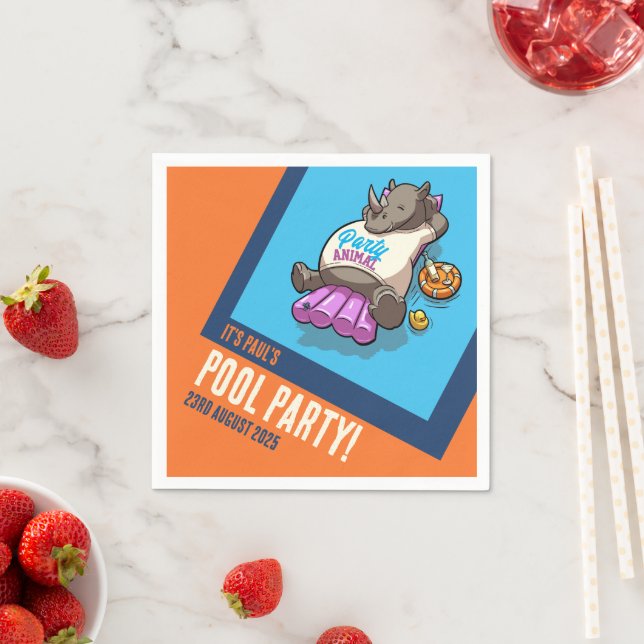 Add Your Text Party Animal Rhino Pool Cartoon Napkin (Insitu)