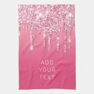 Add Your Text Pink Glitter Dripping Luxury Tea Towel
