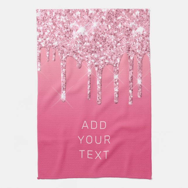 Add Your Text Pink Glitter Dripping Luxury Tea Towel (Vertical)