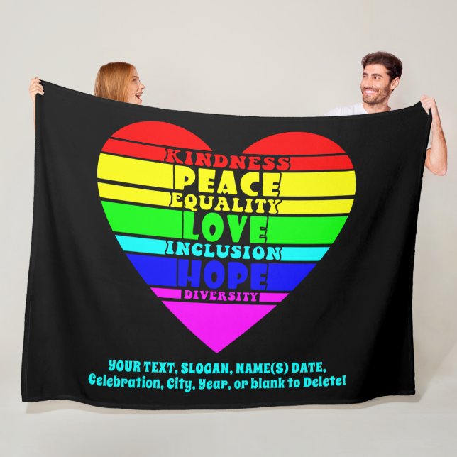 Add Your Text, Rainbow Heart Peace Equality Love,  Fleece Blanket (In Situ)