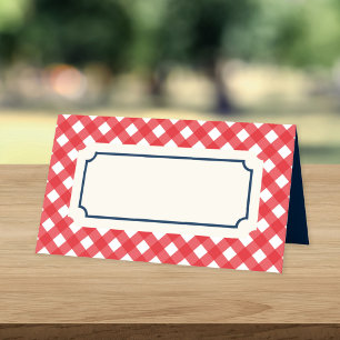 Add Your Text Red Gingham with Blue Border Place Card