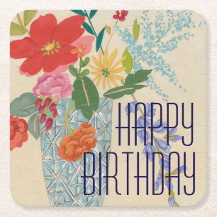 Add Your Text   Spring Blossoms II Square Paper Coaster