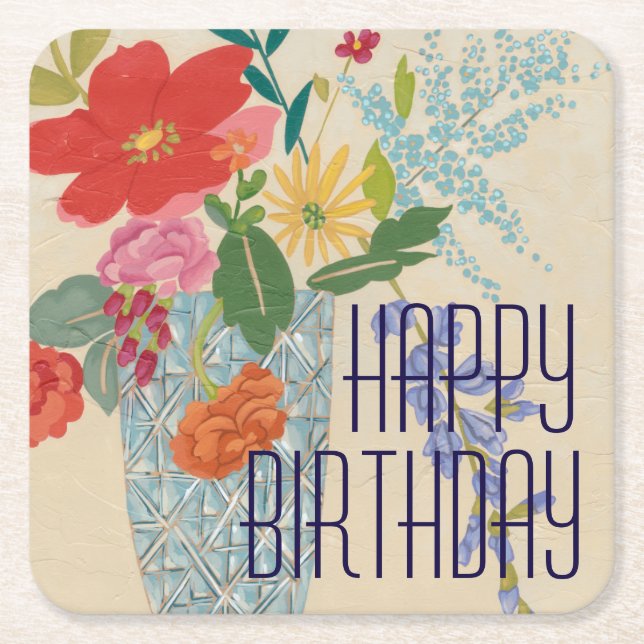 Add Your Text | Spring Blossoms II Square Paper Coaster (Front)