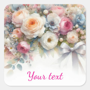 Add Your Text Watercolor Wedding Flowers Square Sticker