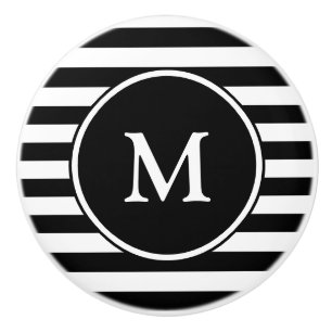 Add Your White Monogram   Black and White Stripes Ceramic Knob