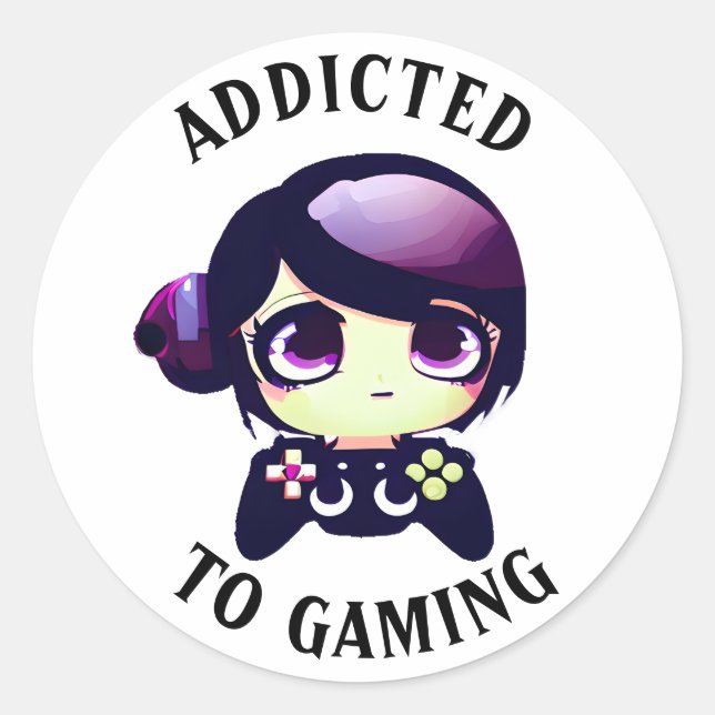 Addicted to Gaming | Cute Kawaii Girl Gamer Classic Round Sticker (Front)
