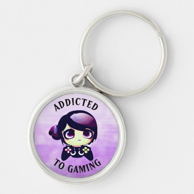 Addicted to Gaming | Cute Kawaii Girl Gamer Key Ring (Front)
