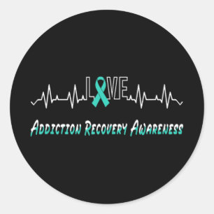 Addiction Recovery Awareness Heartbeat Love Teal R Classic Round Sticker