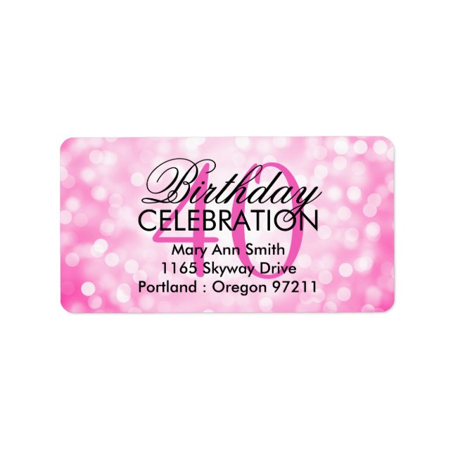 Address 40th Birthday Party Pink Glitter Lights Label (Front)