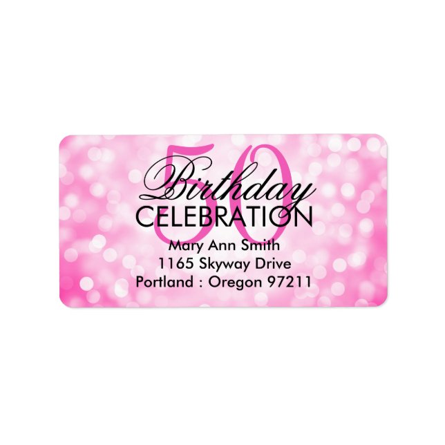 Address 50th Birthday Party Pink Glitter Lights Label (Front)