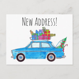 Address Announcement Blue Car with Christmas Gifts Postcard