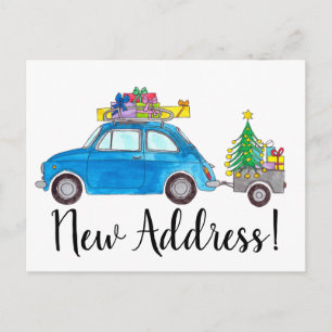 Address Announcement Blue Fiat 500 Christmas Postcard
