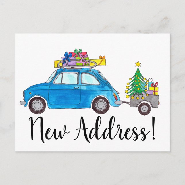 Address Announcement Blue Fiat 500 Christmas Postcard (Front)