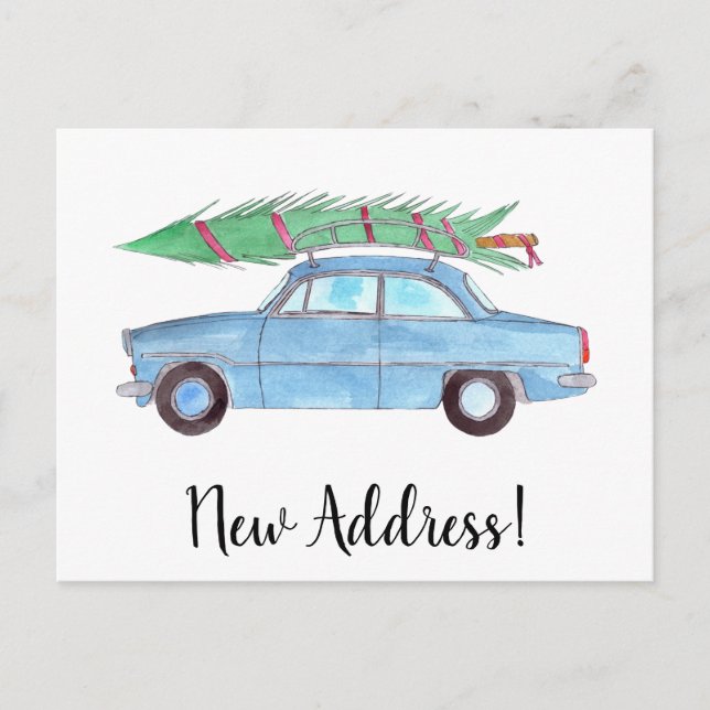 Address Announcement Car with Christmas tree Postcard (Front)