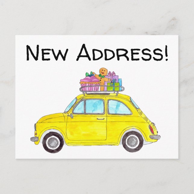 Address Announcement Yellow Retro Fiat 500 Postcard (Front)
