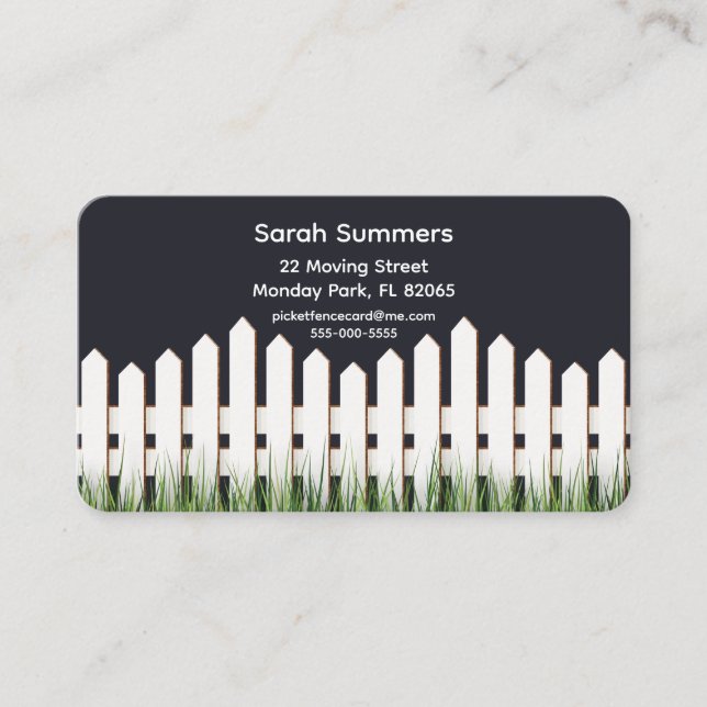 Address card with white picket fence and grass (Front)