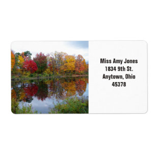 Address label, return, fall trees on water.