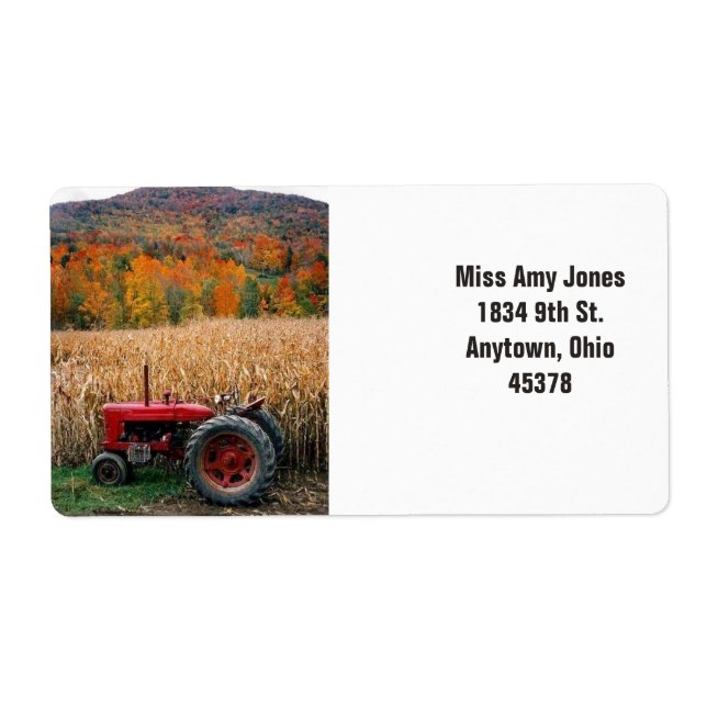Address label, return, fall trees, tractor. (Front)