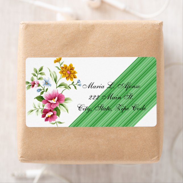 Address Return Labels Floral Green Stripes (Insitu)