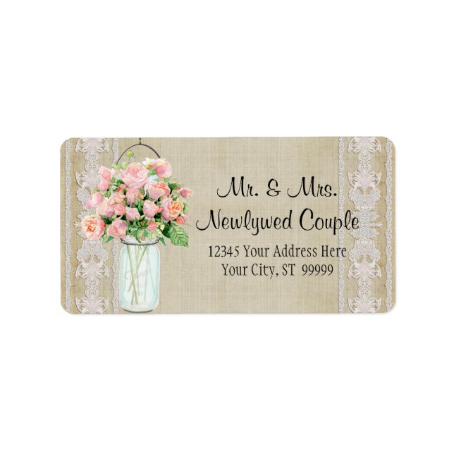 Address Rustic Country Mason Jar Blush Pink Roses Label (Front)