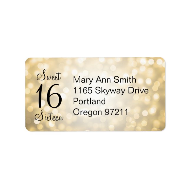 Address Sweet 16 Birthday Gold Glitter Lights Label (Front)