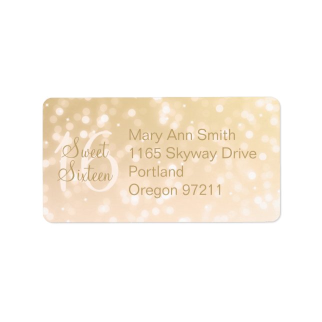 Address Sweet 16 Birthday Gold Sparkle Lights Label (Front)