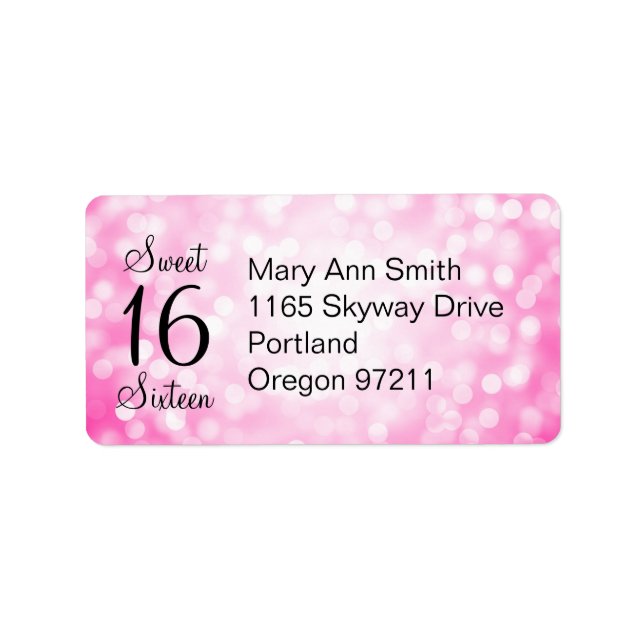Address Sweet 16 Birthday Pink Glitter Lights Label (Front)