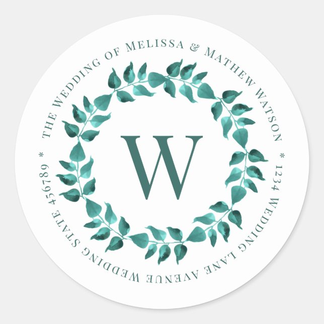 Address Teal Monogram Wreath Wedding Envelope Seal (Front)