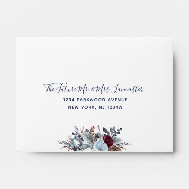 Addressed RSVP Elegant Blue Burgundy Purple Floral Envelope (Front)