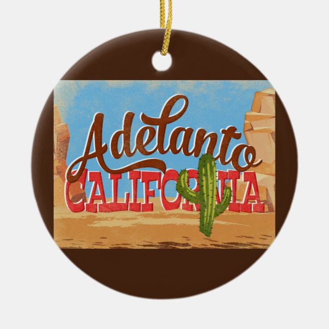 Adelanto California Cartoon Desert Retro Travel Ceramic Tree Decoration (Front)