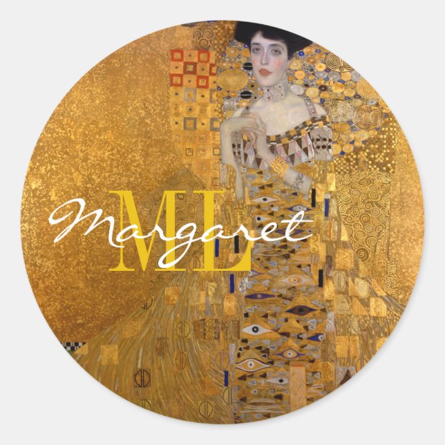 Adele, Lady in Gold by Gustav Klimt, Monogram Classic Round Sticker (Front)