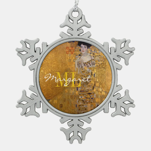 Adele, Lady in Gold by Gustav Klimt, Monogrammed Snowflake Pewter Christmas Ornament (Front)