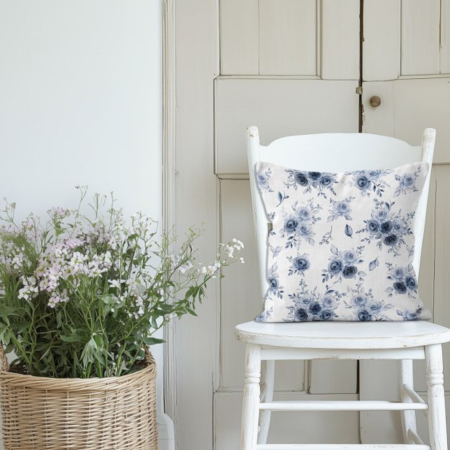 Adele Watercolor Blue Country Roses Cushion (Adele Blue Roses Throw Pillow)