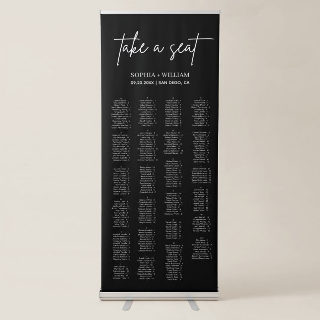ADELLA Black Minimalist Wedding Seating Chart Retractable Banner (Front)