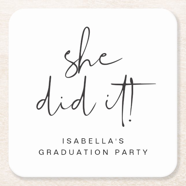ADELLA Modern Minimal She Did It Graduation Party Square Paper Coaster (Front)