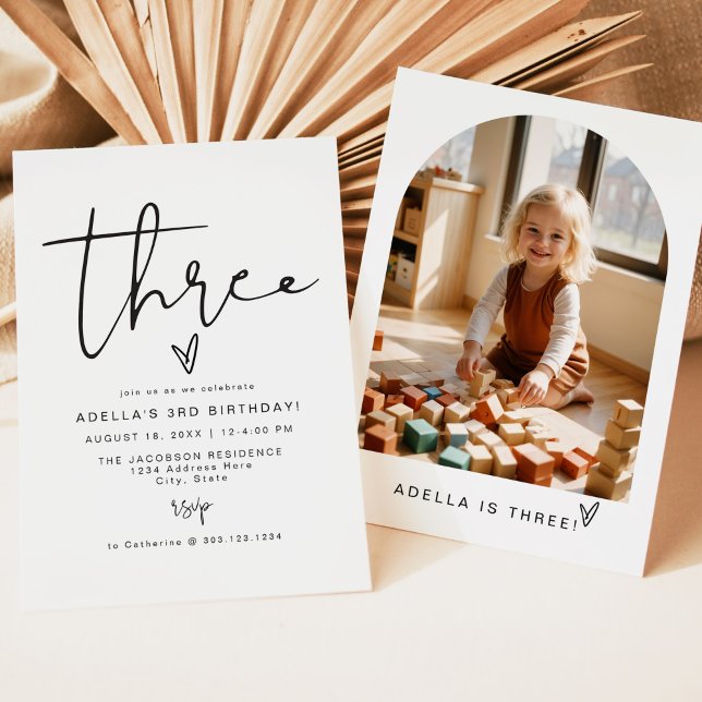 ADELLA Modern Minimalist Two Photo 3rd Birthday Invitation (Creator Uploaded)