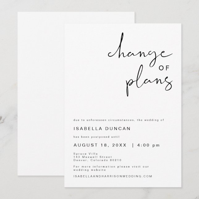 ADELLA Modern Minimalist Wedding Change of Plans Invitation (Front/Back)