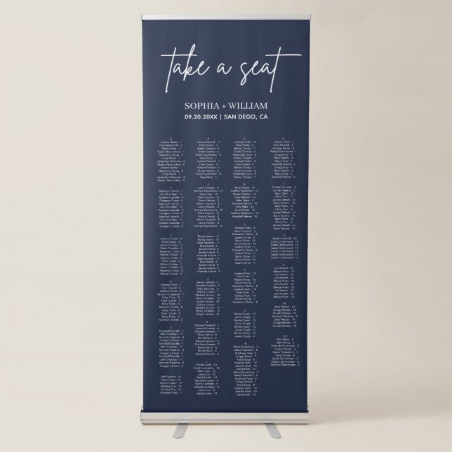 ADELLA Navy Blue Minimalist Wedding Seating Chart Retractable Banner (Front)