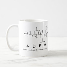 Mug featuring the name Adem spelled out in the single letter amino acid code