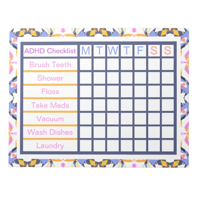 ADHD ADD Girl’s Women’s Weekly Checklist Reminder  Notepad (Front)