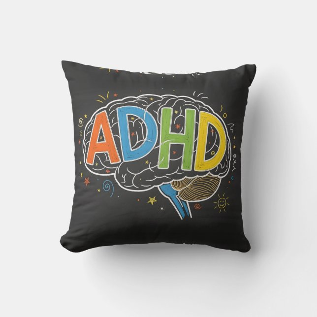 ADHD Awareness Colourful Brain Word Illustration Cushion (Front)