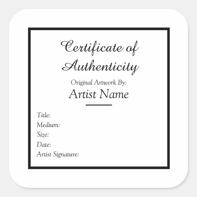 Adhesive Certificate of Authenticity for Art Square Sticker (Front)