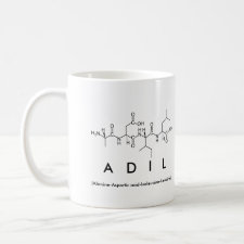 Mug featuring the name Adil spelled out in the single letter amino acid code