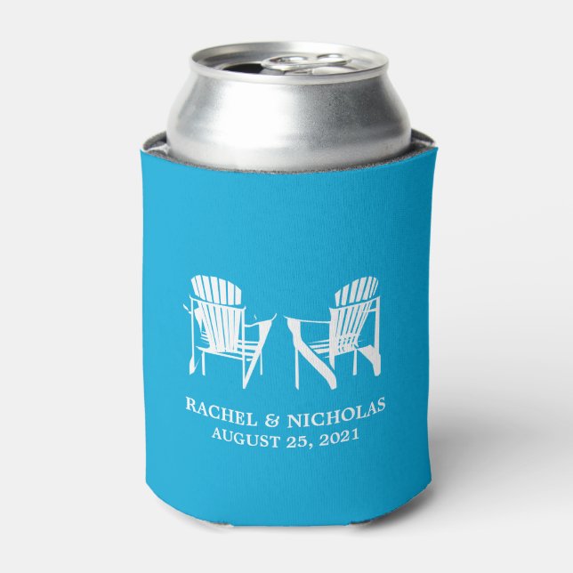 Adirondack Beach Chairs Bright Blue | Wedding Can Cooler (Can Front)